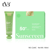 Green sunscreen tube and box with 'CVB' branding on a white background