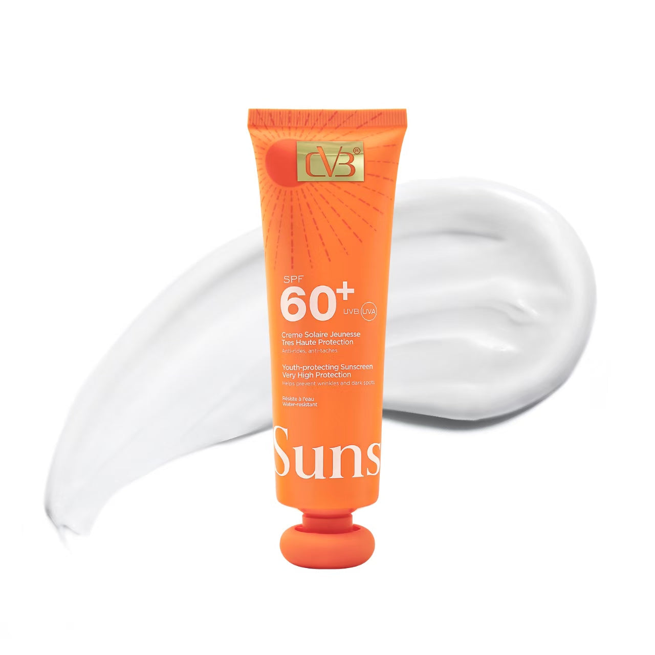 Orange tube of sunscreen with white cream on a white background