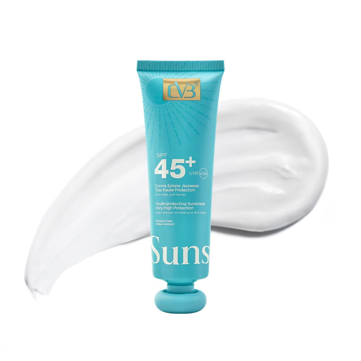 Tube of sunscreen with visible brand logo on a white background