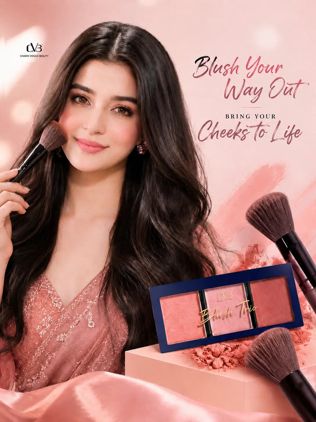 Woman holding makeup brushes with blush palette and text 'Blush Your Way Out' on a pink background