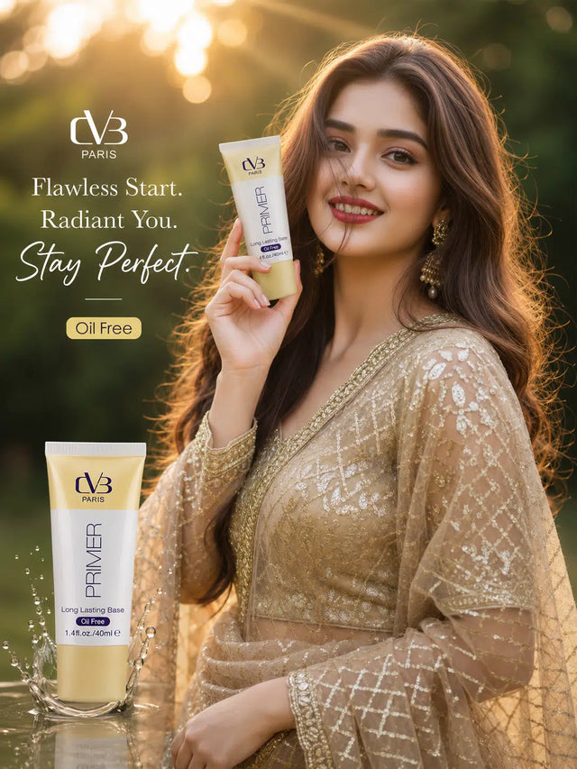 Woman holding a CVB Primer product with a scenic background