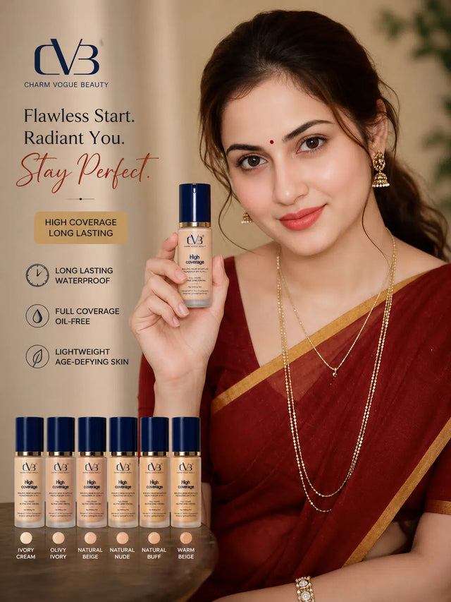 Woman holding a bottle of CVB foundation with product packaging displayed below.