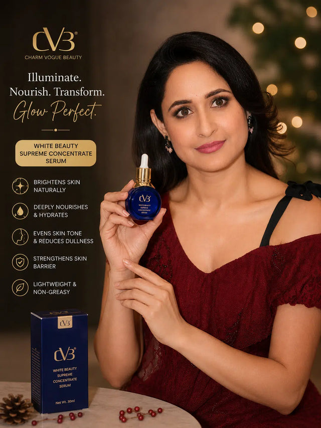 Woman holding a skincare serum with product packaging and brand text on a blurred background