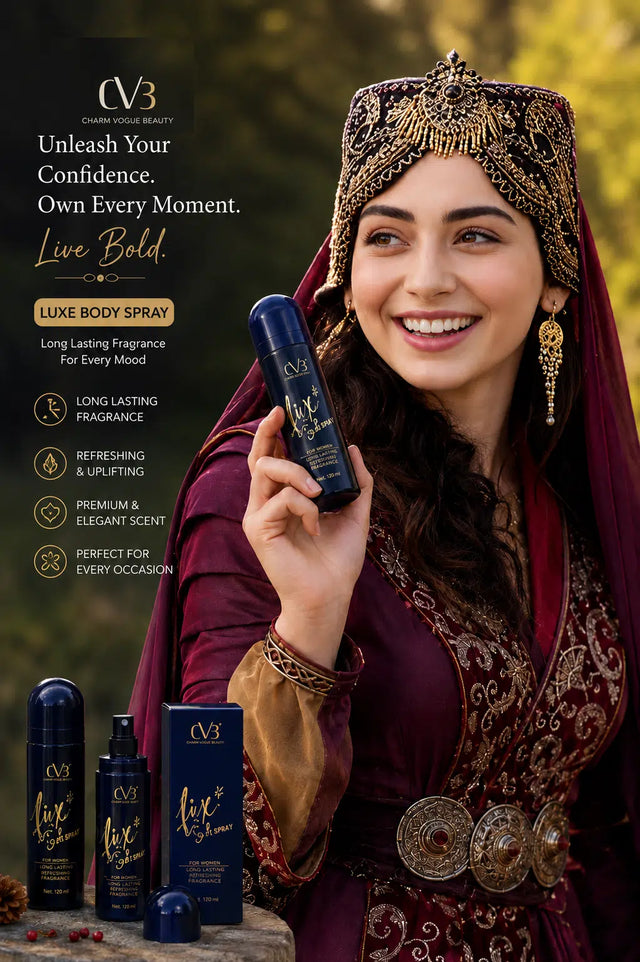 Woman in traditional attire holding a CVP3 body spray bottle with product details.
