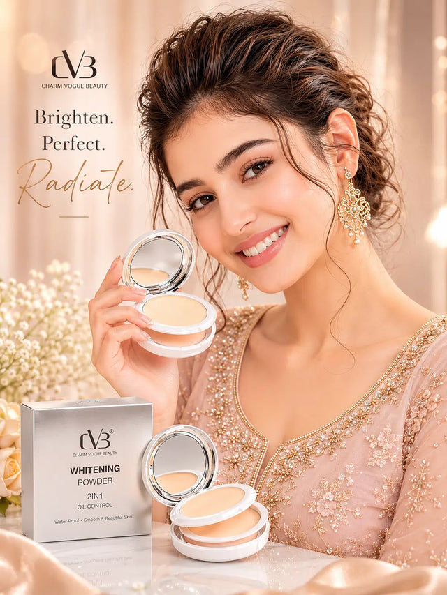 Woman holding a compact mirror with DV3 Whitening Powder, with product packaging and branding visible.