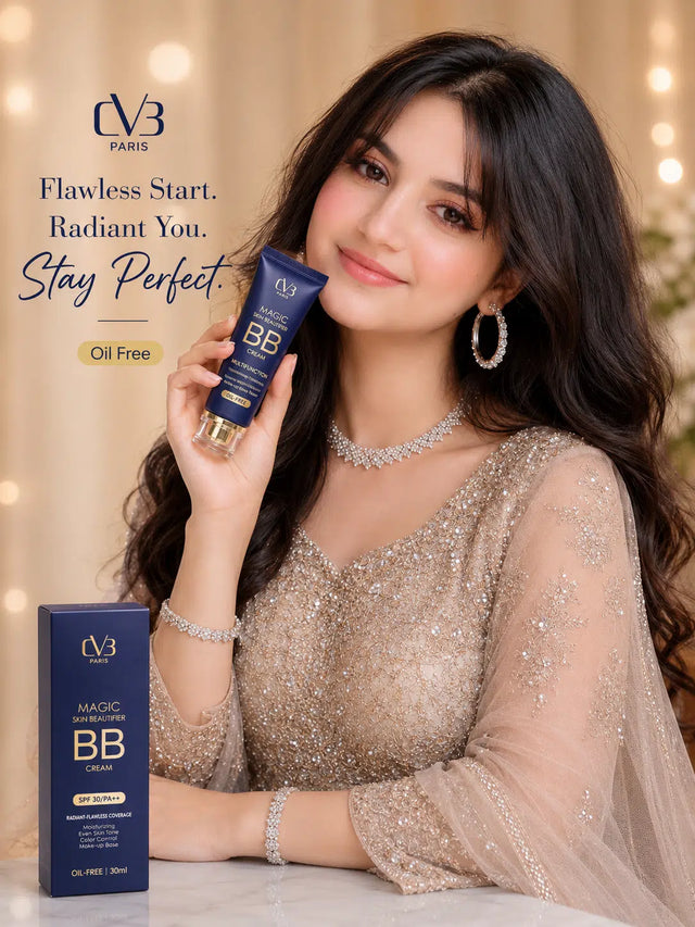 Woman holding CVB Paris Magic Wonder BB Cream with product packaging in a decorated indoor setting