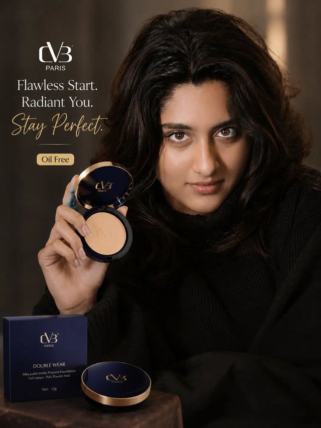 Woman holding a compact mirror with CVB Paris product, brand visible