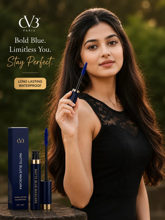 Woman holding a makeup product with CV3 Paris branding and outdoor setting