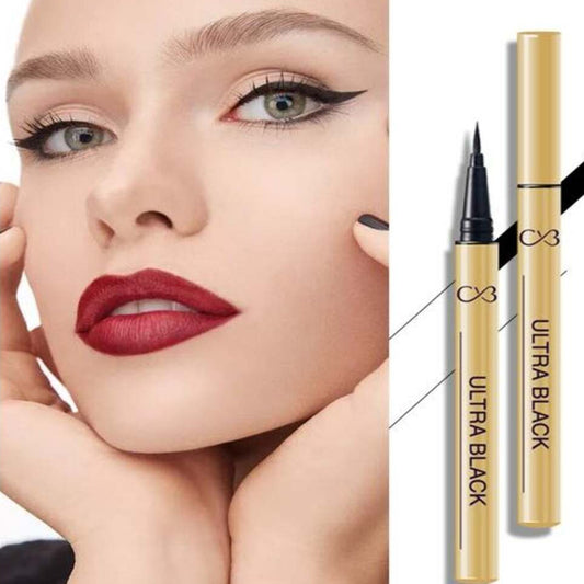 Woman with red lipstick and a close-up of an eyeliner pen labeled 'Ultra Black'.