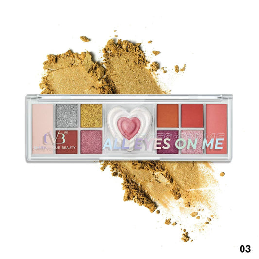 Makeup palette with various colors and a heart-shaped design on a white background