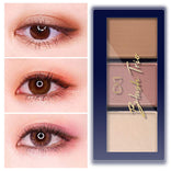 Makeup palette with 'Blush Trio' and close-up of eyes with makeup application.