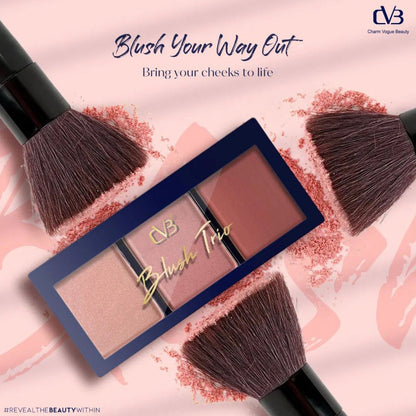 Charm Vibe Beauty blush trio with applicators on a pink background
