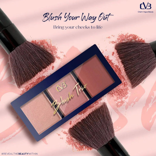 Charm Vibe Beauty blush trio with applicators on a pink background
