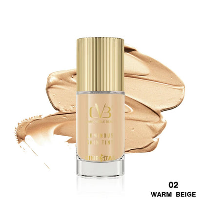 Foundation bottle with 'Warm Beige' swatch on a white background