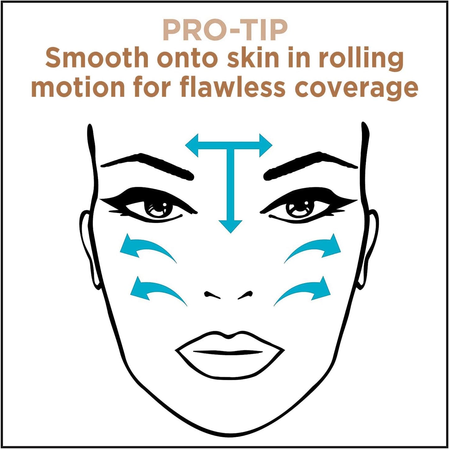 Illustration of a face with arrows showing rolling motion for flawless coverage, with text 'PRO-TIP Smooth onto skin in rolling motion for flawless coverage'.