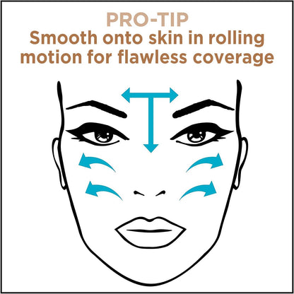 Illustration of a face with arrows showing rolling motion for flawless coverage, with text 'PRO-TIP Smooth onto skin in rolling motion for flawless coverage'.