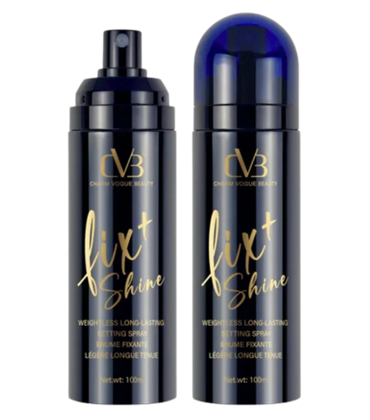 Two bottles of CVB Fix + Shine hair spray on a white background