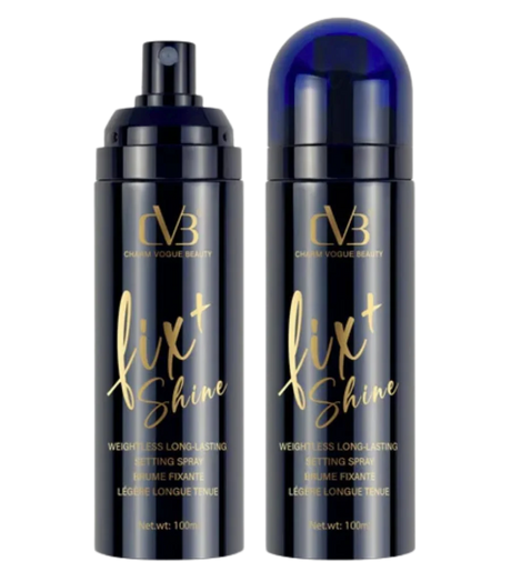Two bottles of CVB Fix + Shine hair spray on a white background