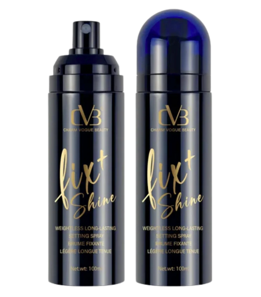 Two bottles of CVB Fix + Shine hair spray on a white background