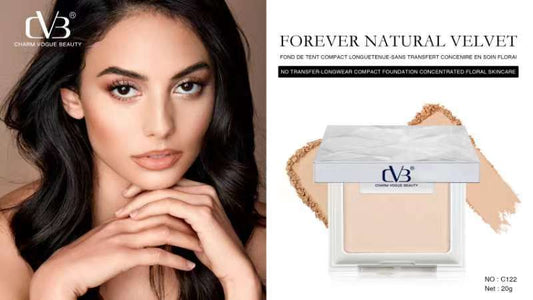 Model with makeup and compact foundation product with CVB branding