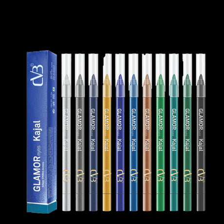 Set of.CV3 Glamor Kajal eyeliner pens with packaging on a black background