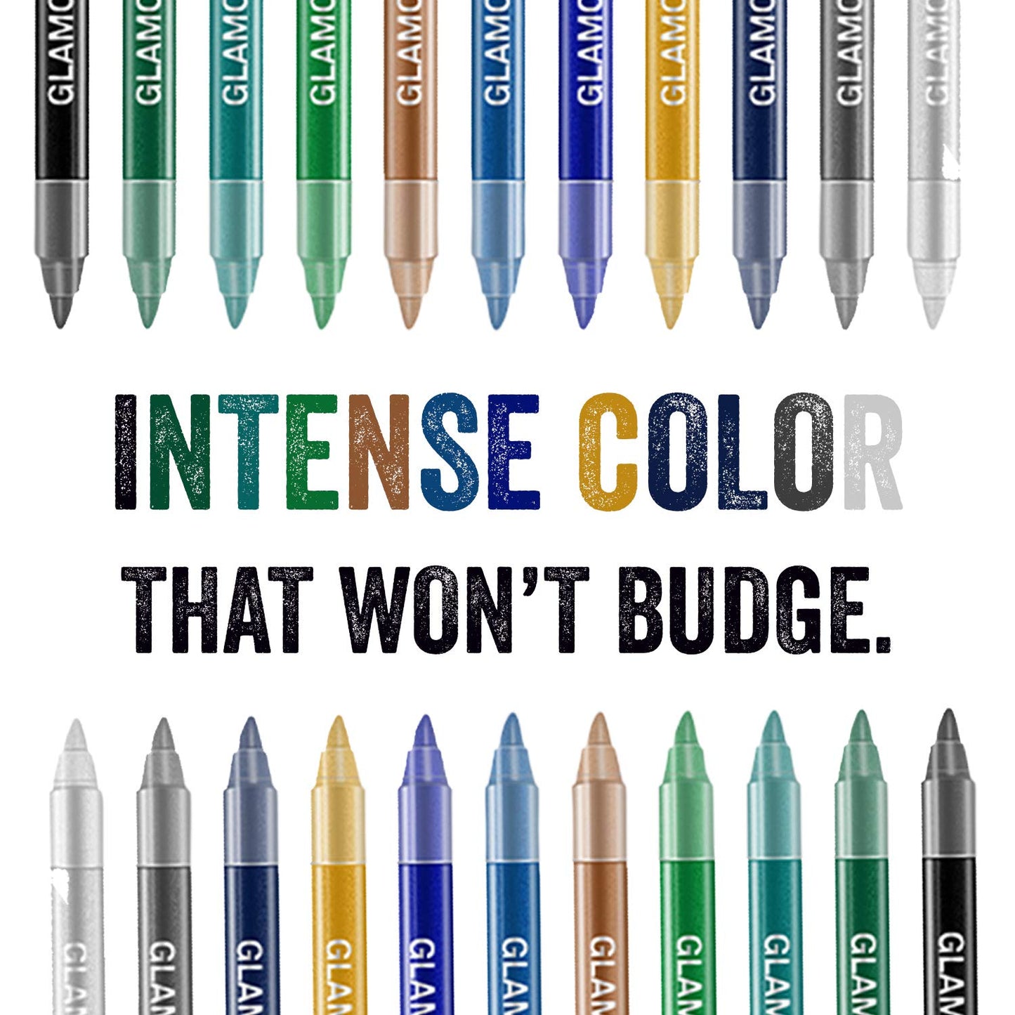 Row of colorful markers with 'GLAM' branding and text 'Intense color that won't budge.'