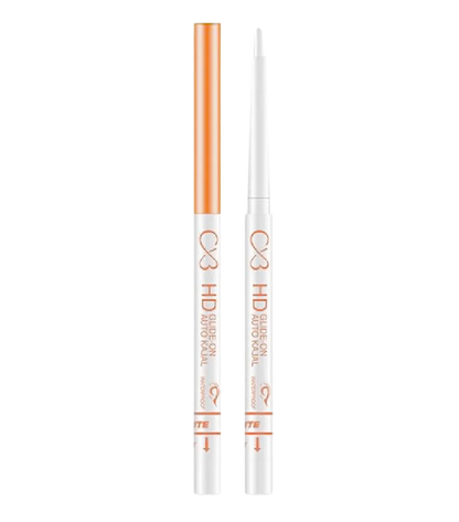 Eyebrow pencil with orange and white design on a white background