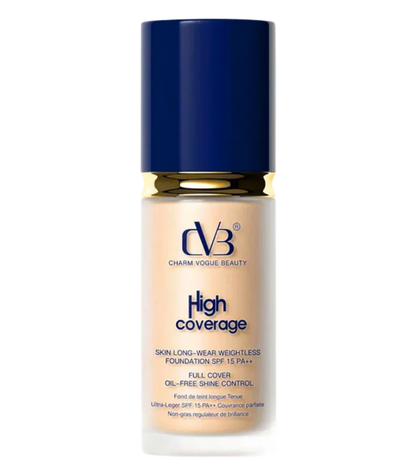 Foundation bottle with blue cap and beige body on a white background