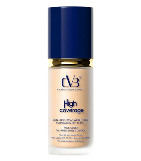 Foundation bottle with blue cap and beige body on a white background