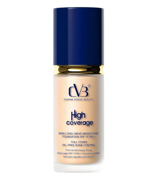 Foundation bottle with blue cap and beige body on a white background