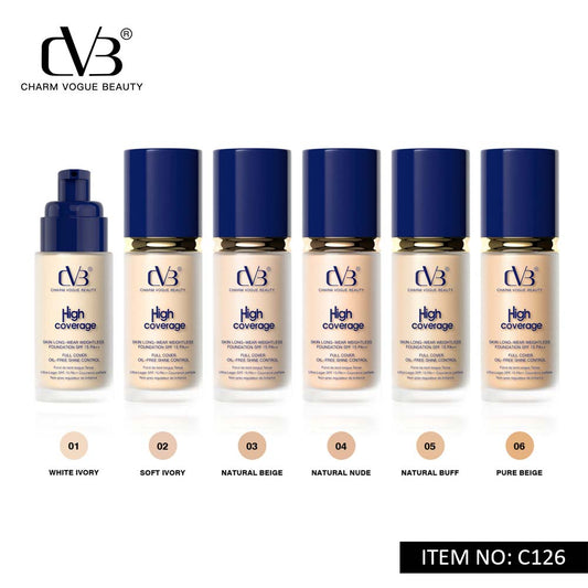 Charm Vogue Beauty foundation bottles with blue caps on a white background