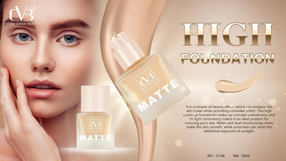 Advertisement for high foundation with a woman holding a bottle and applying it to her face.
