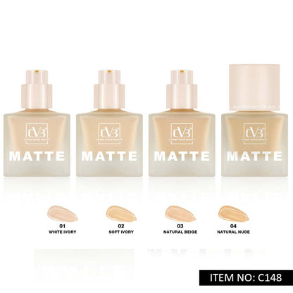 Four bottles of TV3 Matte foundation with color swatches below on a white background