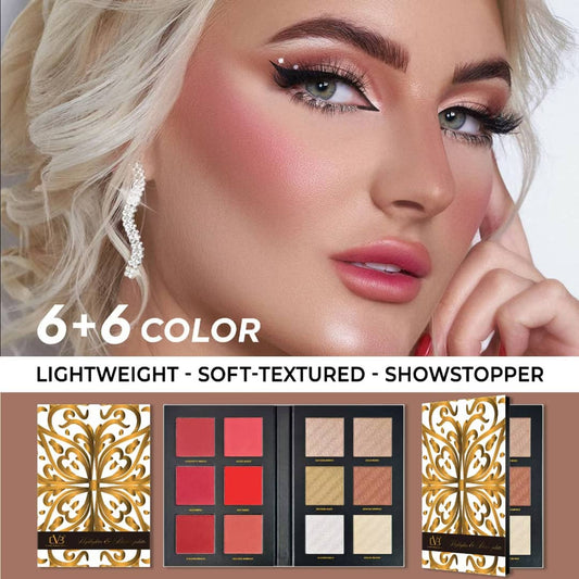Makeup palette with color swatches and a model wearing makeup, featuring text '6+6 Color' and product details.