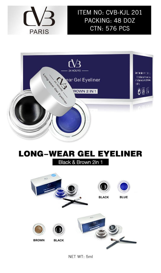 Long-wear gel eyeliner set with packaging and product details on a white background