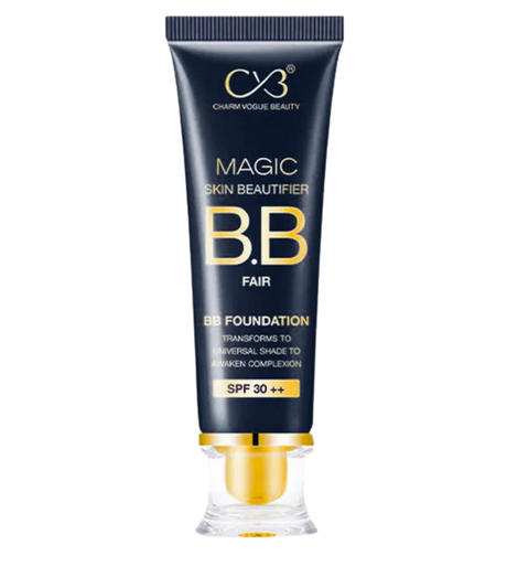 A squeeze tube of CVB Magic Skin Beautifier B.B. Foundation in the shade "Fair" stands vertically against a plain white background. The tube is dark navy blue with a clear, clear-and-gold nozzle base at the bottom. Gold and white text on the front reads "CVB CHARM VOGUE BEAUTY", "MAGIC SKIN BEAUTIFIER B.B. FAIR", "BB FOUNDATION", "TRANSFORMS TO UNIVERSAL SHADE TO AWAKEN COMPLEXION", and "SPF 30 ++".