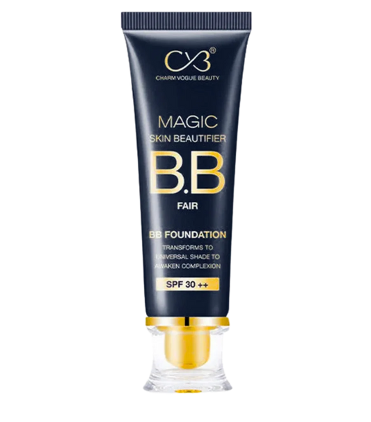 A squeeze tube of CVB Magic Skin Beautifier B.B. Foundation in the shade "Fair" stands vertically against a plain white background. The tube is dark navy blue with a clear, clear-and-gold nozzle base at the bottom. Gold and white text on the front reads "CVB CHARM VOGUE BEAUTY", "MAGIC SKIN BEAUTIFIER B.B. FAIR", "BB FOUNDATION", "TRANSFORMS TO UNIVERSAL SHADE TO AWAKEN COMPLEXION", and "SPF 30 ++".