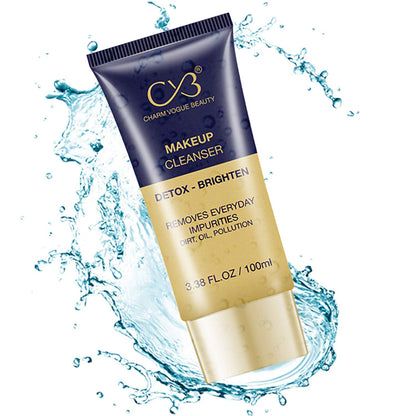 Makeup cleanser tube with water splashes on a white background