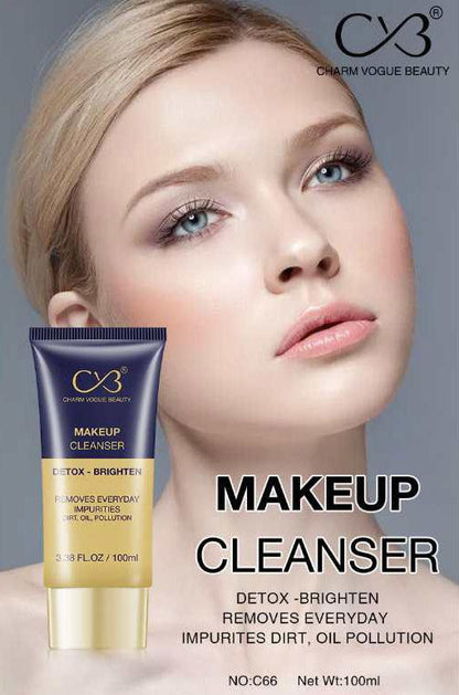 Makeup cleanser product with a model's face on a gray background, featuring the CV3 brand.