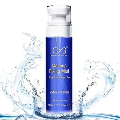 Makeup fixing mist bottle with water splashes on a white background