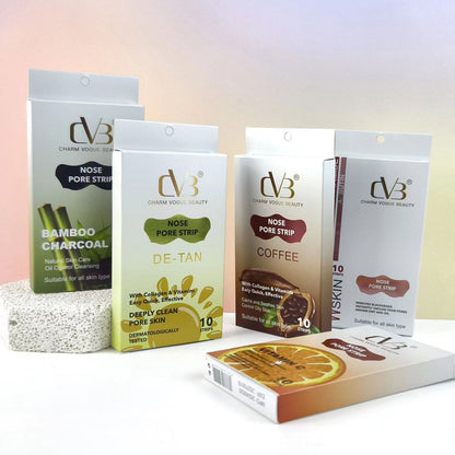 Collection of CVB nose pore strip packages on a gradient background