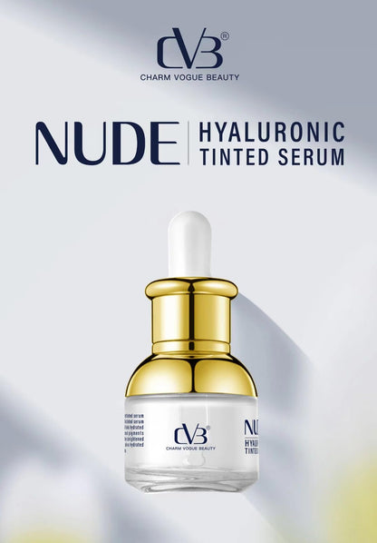 Nude Hyaluronic Tinted Serum bottle with gold cap on a white background, featuring the Charm Vogue Beauty brand.