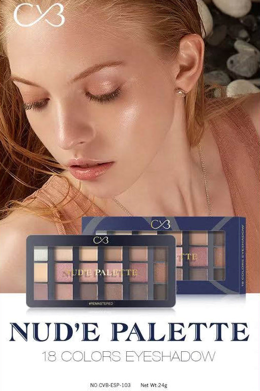 Nudé eyeshadow palette with a model wearing makeup, featuring the brand logo.