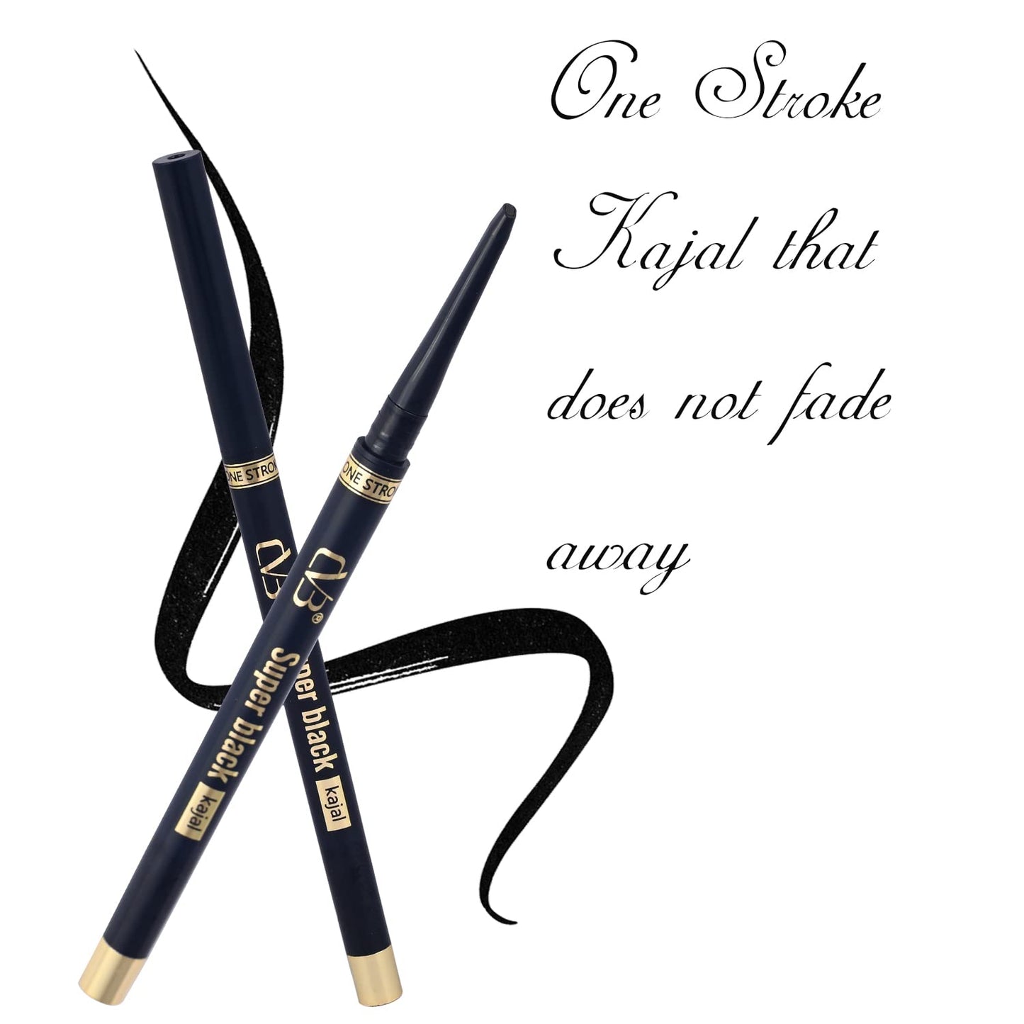 Two black eyeliner pencils with gold tips on a white background, accompanied by text about a 'One Stroke Kajal'.