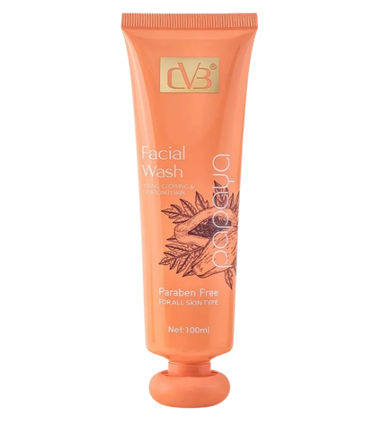 Orange facial wash tube with branding on a white background