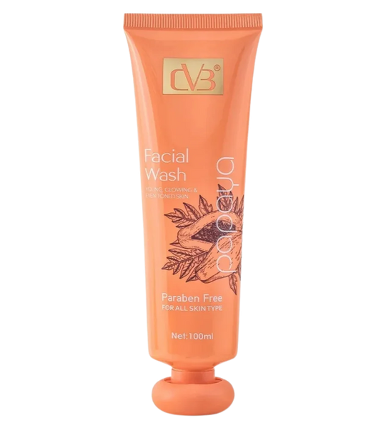 Orange facial wash tube with branding on a white background