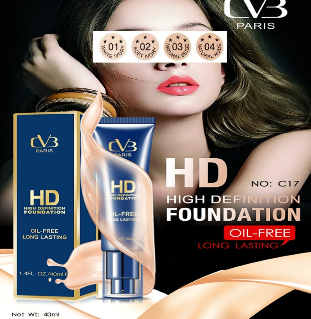 CVB Paris HD High Definition Foundation advertisement with a woman's face and product packaging.