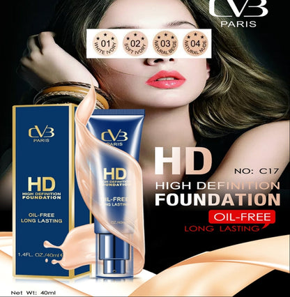 CVB Paris HD High Definition Foundation advertisement with a woman's face and product packaging.
