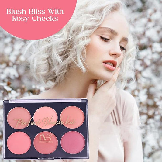 Woman with blush palette and text 'Blush Bliss With Rosy Cheeks' against a blurred natural background