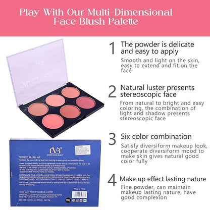 Multi-dimensional face blush palette with product packaging and features listed.